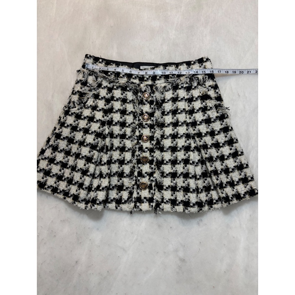 A Loves A Houndstooth Tweed Mini Skirt Black White Gold Metallic Crest Button L - Picture 4 of 11